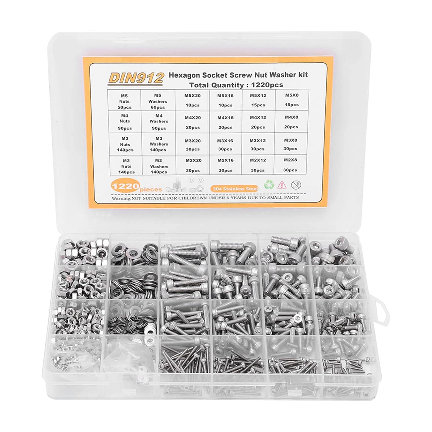 1220Pcs Screw Nut Washer Assortment, M2 M3 M4 M5 Round Head Hex Socket Stainless Steel Fastener DIN912
