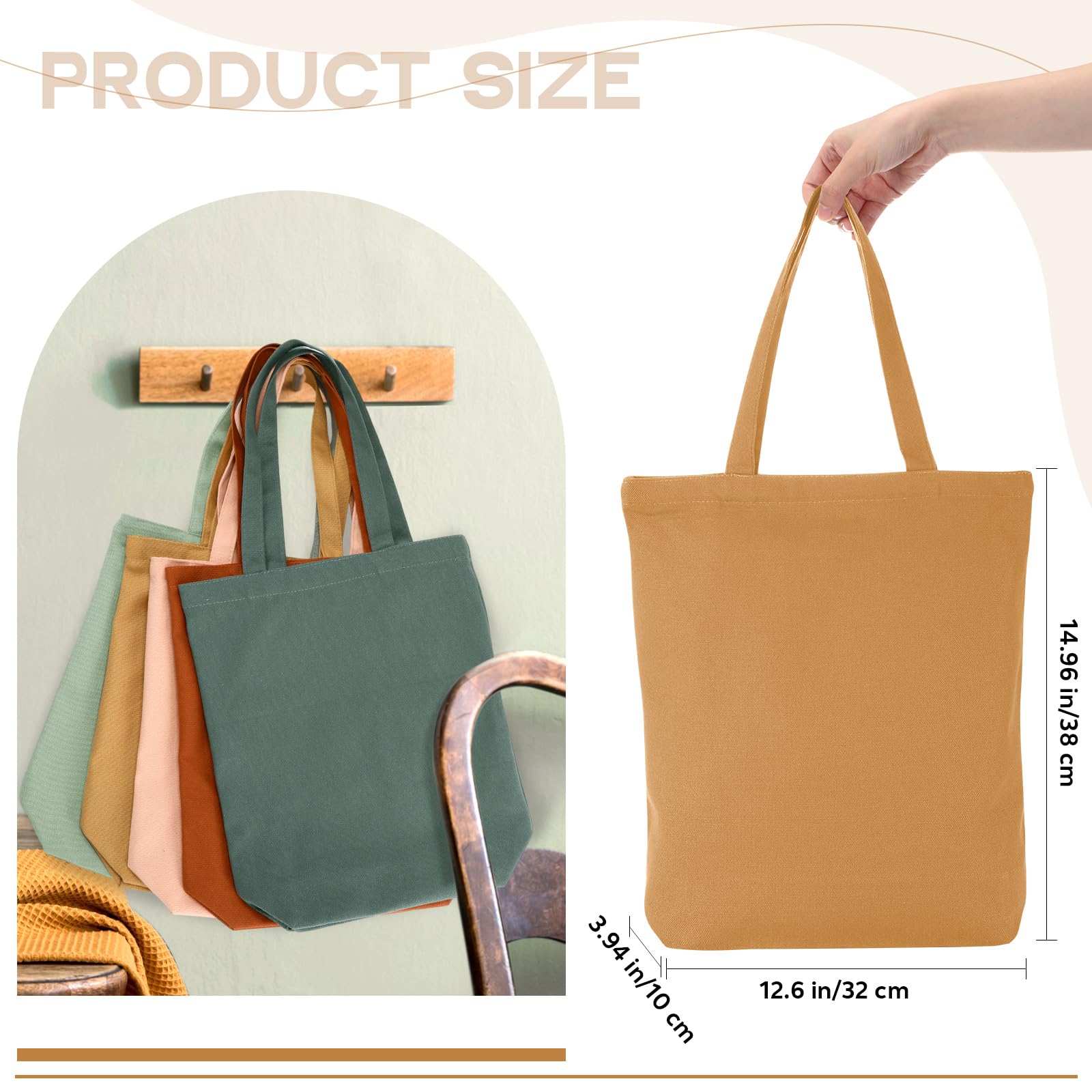 Reginary 12-Pack Large Canvas Grocery Tote Bags Bulk - 14x14x7.5 Inch Reusable Shopping Bags With Handles, Blank White