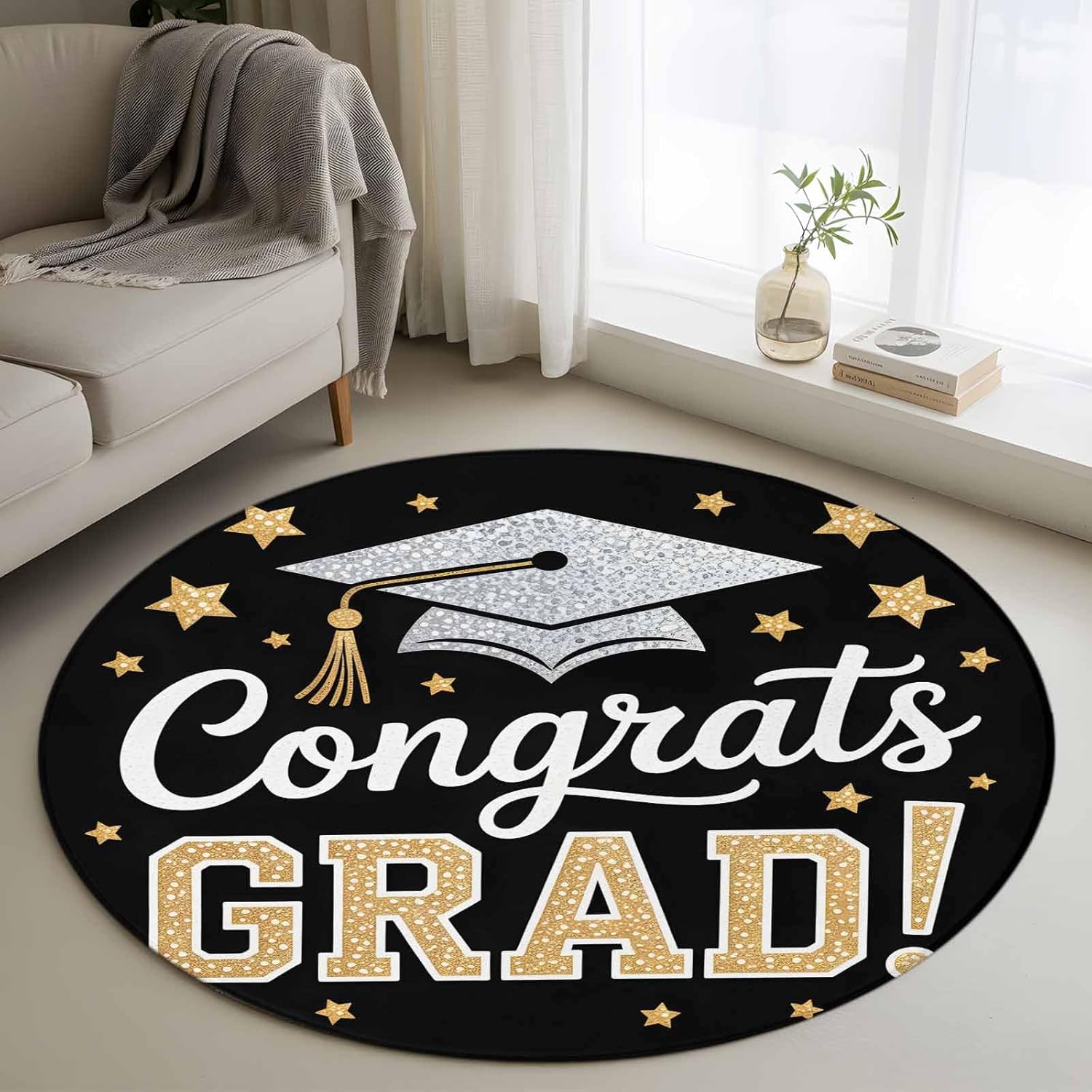 Graduation Hat Small Round Rugs 3ft Washable Yellow Star Black Background Graduate Circle Area Rug Non Slip Indoor Carpet Absorbent Floor Mat for Living Room Bedroom Dining Room