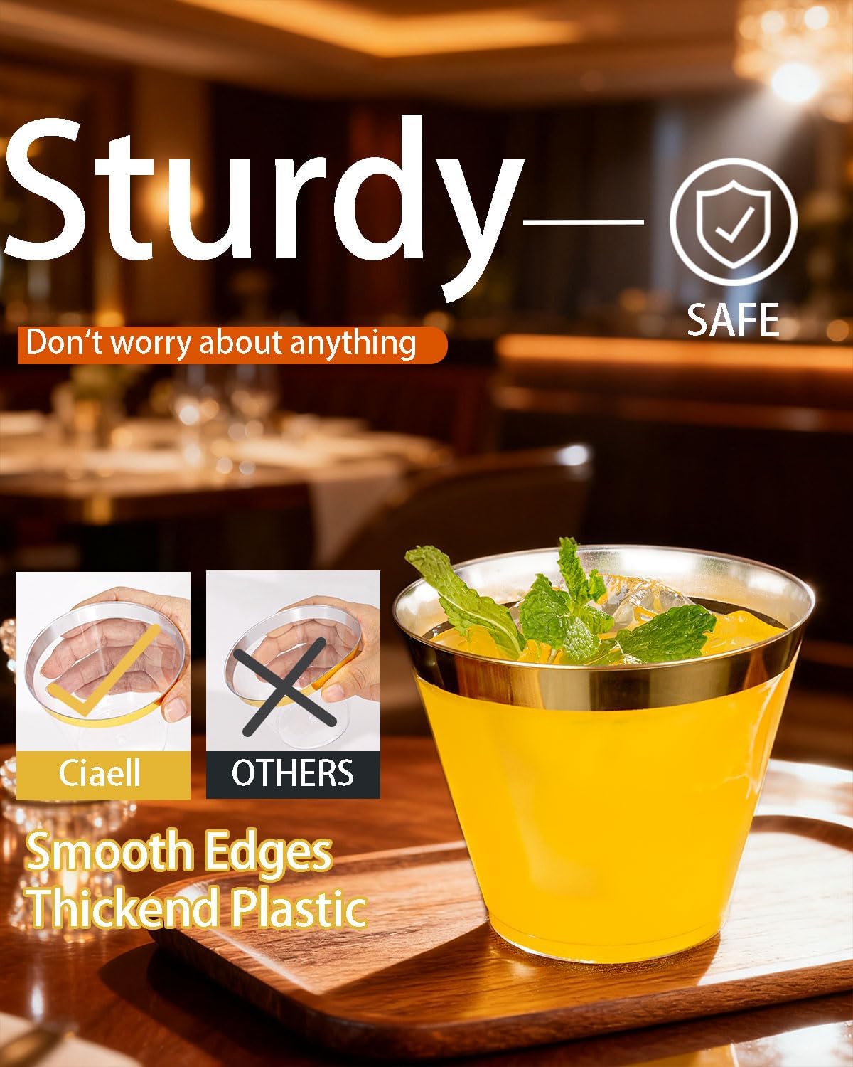 Ciaell 300PCS Gold Plastic Cups - 9Oz Heavy Duty Plastic Cups - Gold Rimmed Disposable Cup - Disposable Clear Wine Cup with Gold Rim for Party & Wedding