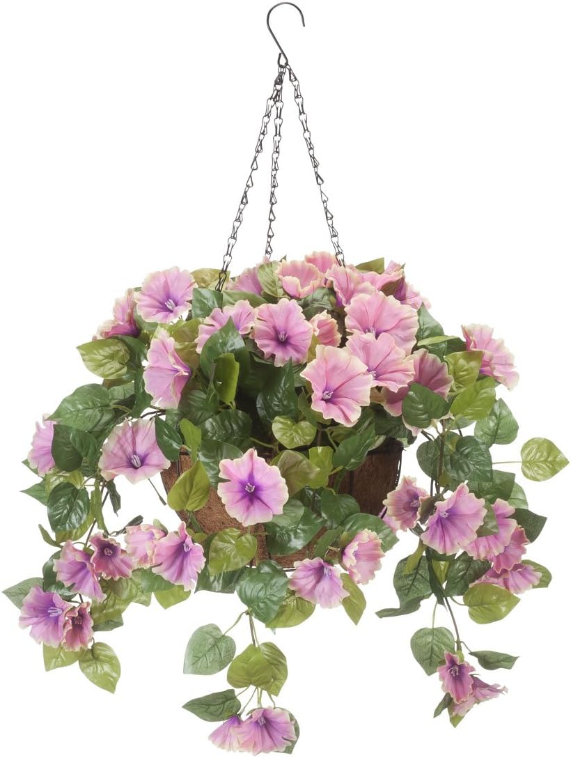 OakRidge Miles Kimball Fully Assembled Artificial Petunia Flower Hanging Basket, 10” Diameter and 18” Chain – Polyester/Plastic Flowers in Metal and Coco Fiber Liner Basket for Indoor/Outdoor Use