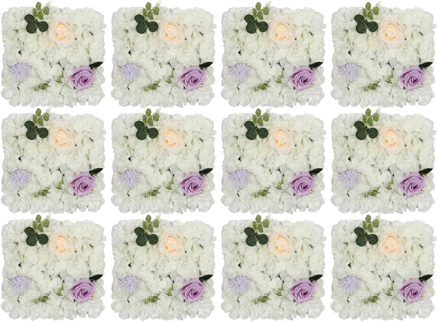 12PCS Artificial Flower Wall Panel 3D Floral Backdrop Wall 15" X 15" Flower Wall Decor Panel Flower Wall Backdrop Faux Flower Panel for Party Home Background Decor (White, Purple)