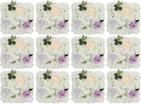 Flower Wall Panel for Flower Wall Backdrop 12PCS 15x15 Inch Artificial Flower Wall Roses Artificial Flowers Backdrop for Wall Decor, Party Wedding Decor White + Purple