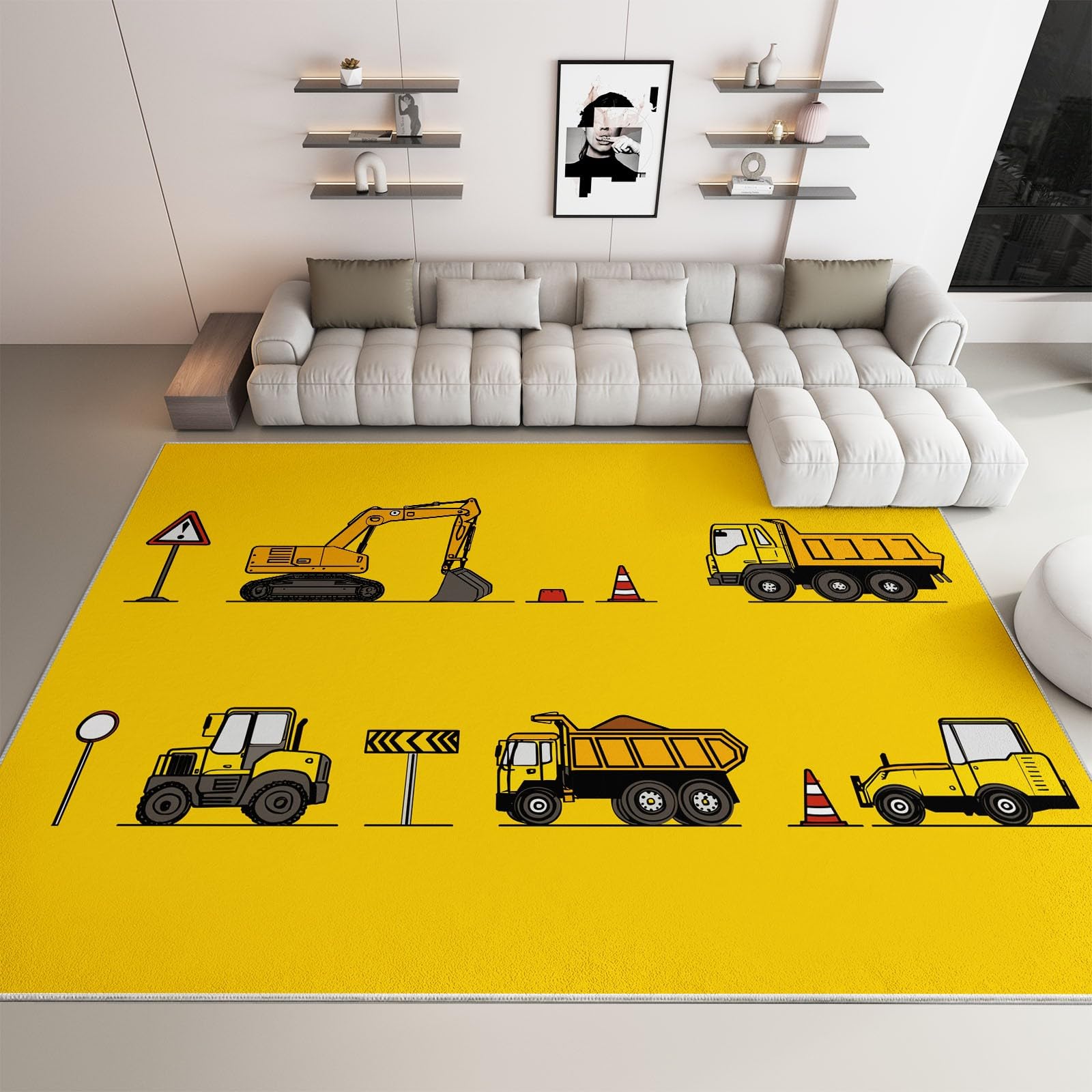 Tappeto Salotto Veicolo Da Costruzione Giallo 80x150cm Morbido Tappeto Scendiletto Camera da Letto Tappeti Lavabili per Soggiorno Cameretta Bambino Ufficio