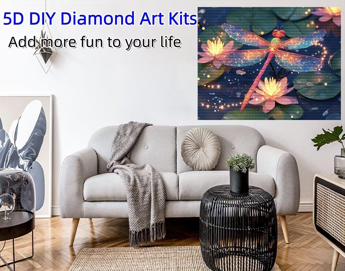 Diamentowe malowanie dla dorosłych, diamentowe obrazy okrągłe diamentowe malowanie diamentowe dla dorosłych, ważka lilie wodne 5D DIY haft diamentowy pełny zestaw kryształowy dla początkujących do