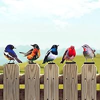 HUYIENO 5PCS Vivid Metal Bird Fence Decor - Colorful Weatherproof 2D Garden Sculptures for Patio, Outdoor Fences & Bird Lovers