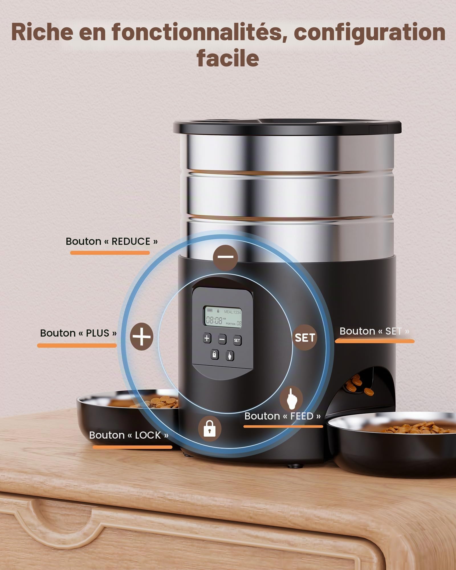 Distributeur Croquettes Chat Automatique Double: Inox Distributeur Croquettes Chien avec 2 Bols - Acier Inoxydable Gamelle Electronique pour Chat - 5L Mangeoire Programmable pour Petite/Moyenne Animau