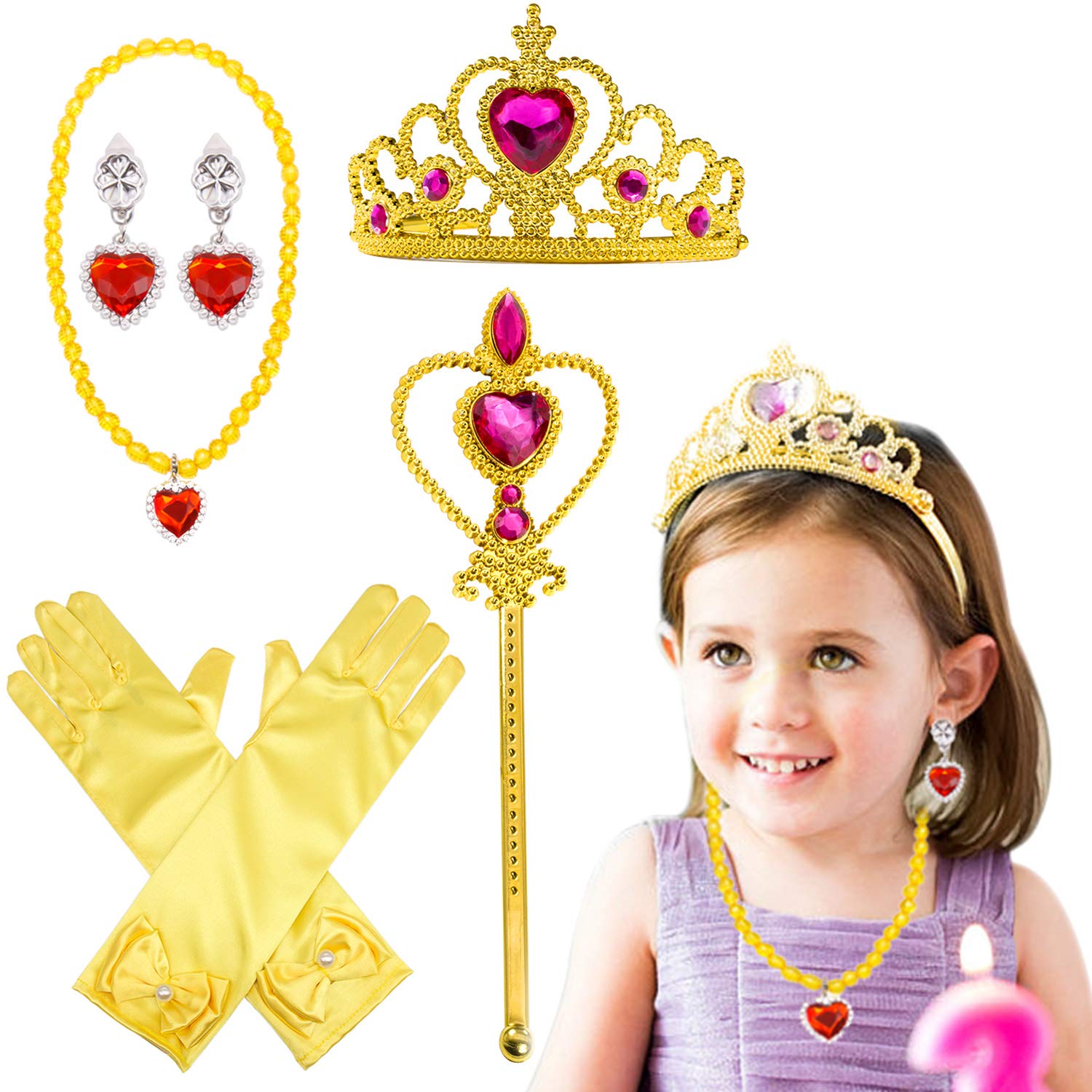 Yansion Princess Dress Up Party Costume Accessories Belle Gift Set for Princess Cosplay Tiara,Wand and Gloves(4 Pieces)