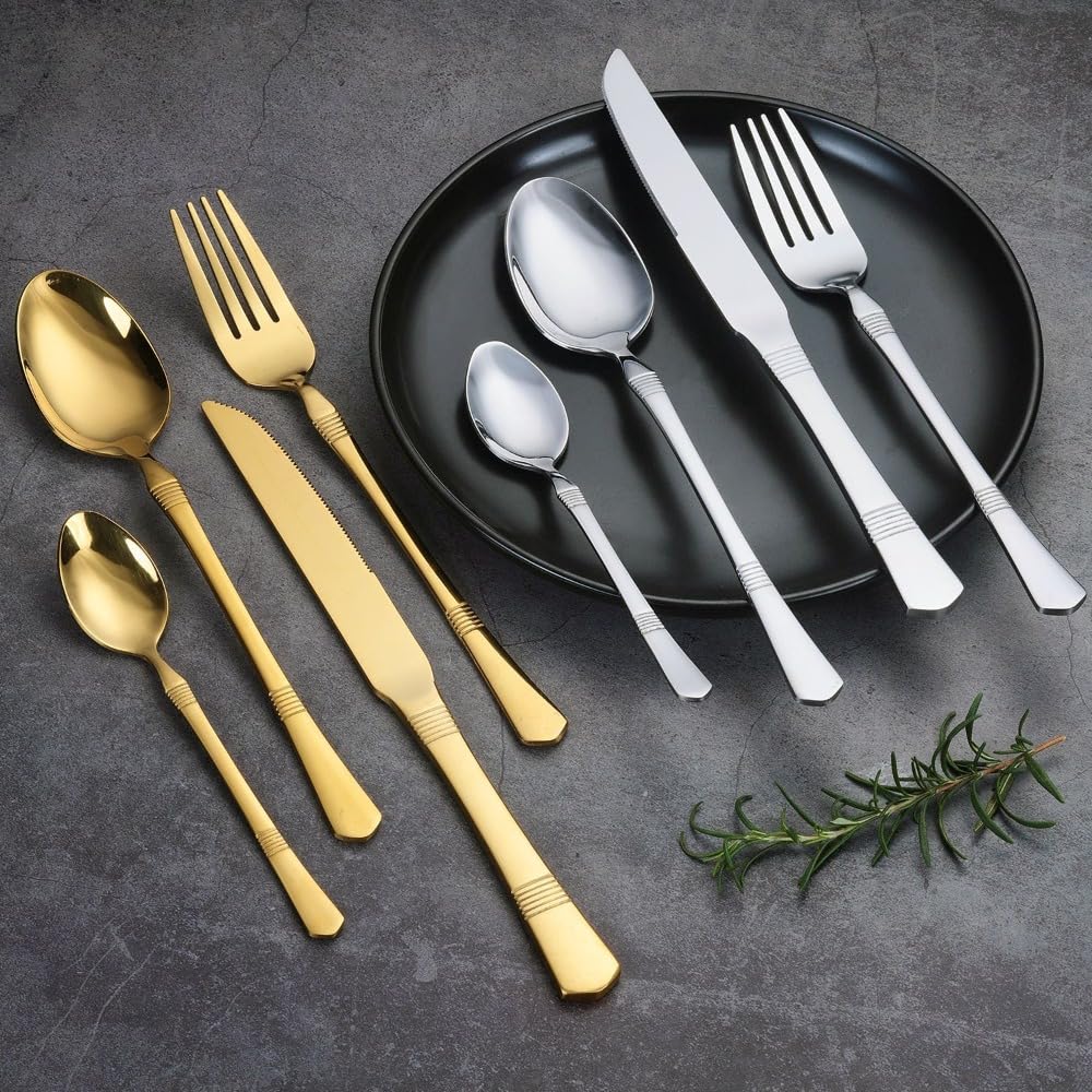 Besteckset aus Edelstahl, 20-teilig, bunt, mit horizontal gestreiftem Griff, Besteckset mit Steakmesser, Gabel, Löffel und Teelöffel für Küche und Esszimmer (Silber)