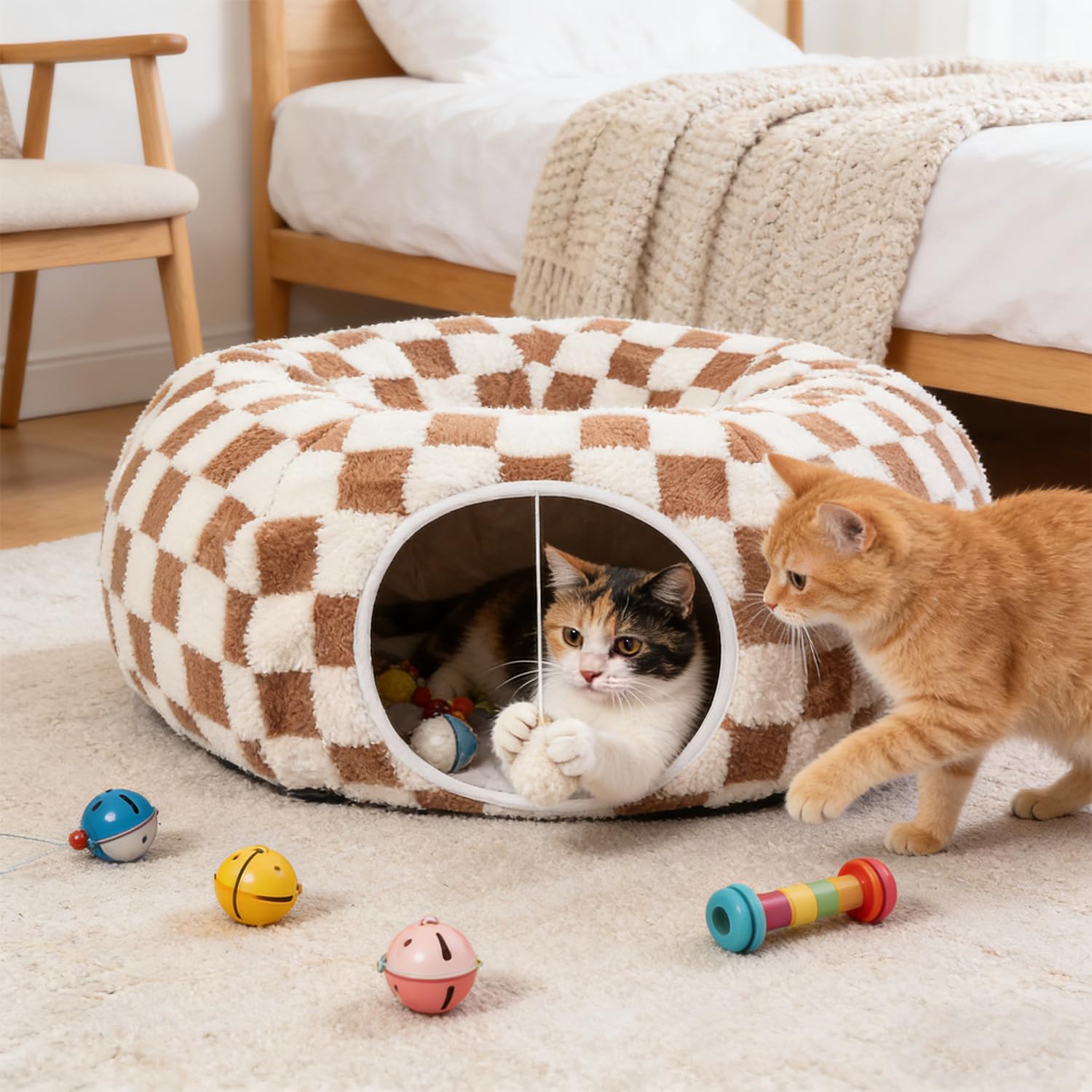 Tunnel de jeu 2 en 1 pour chat et chat avec jouet suspendu, tunnel pour chat XXL avec 2 entrées, coussin lavable, tunnel pliable