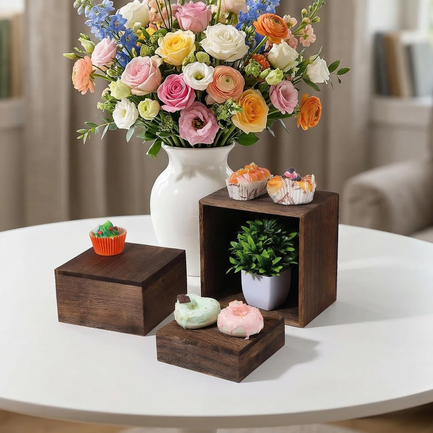 Kenaoeoe 3 PCS Wood Cake Stand Rustic Stackable Square Risers Display Stands for Dessert Table Wedding Party Buffet Food Presentation