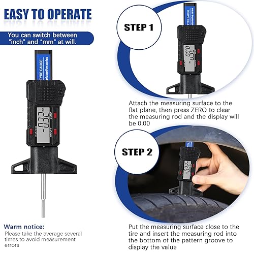 Miniatura 5 de 3 piezas de herramienta de medición de profundidad de banda de rodadura de neumáticos, medidor de profundidad de banda de rodadura digital, regla de