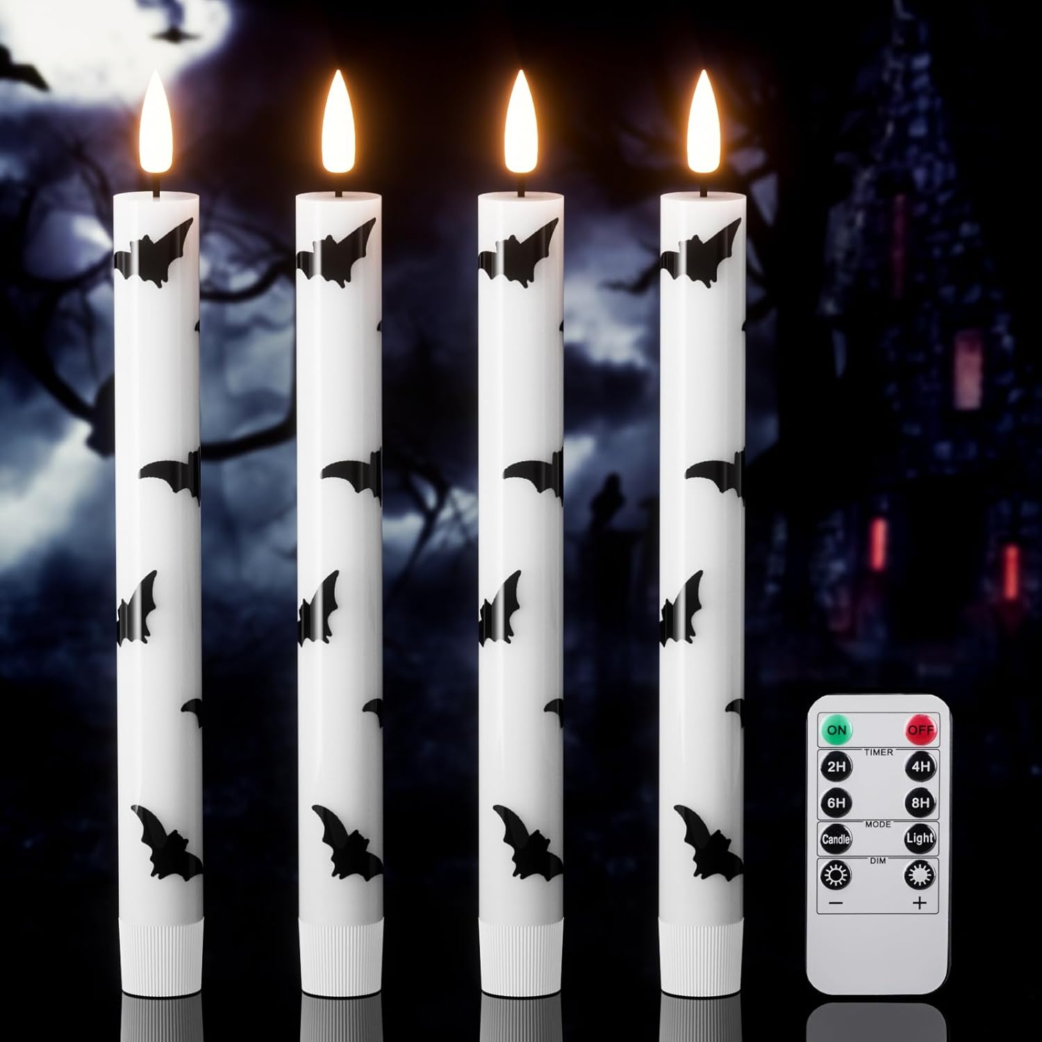 Halloween Flameless Taper Candles with Remote Timer, 4 Pack LED Flickering Candlestick, 9.65 Inch Battery Operated Real Wax Candles with Bat Prints for Halloween Decorations