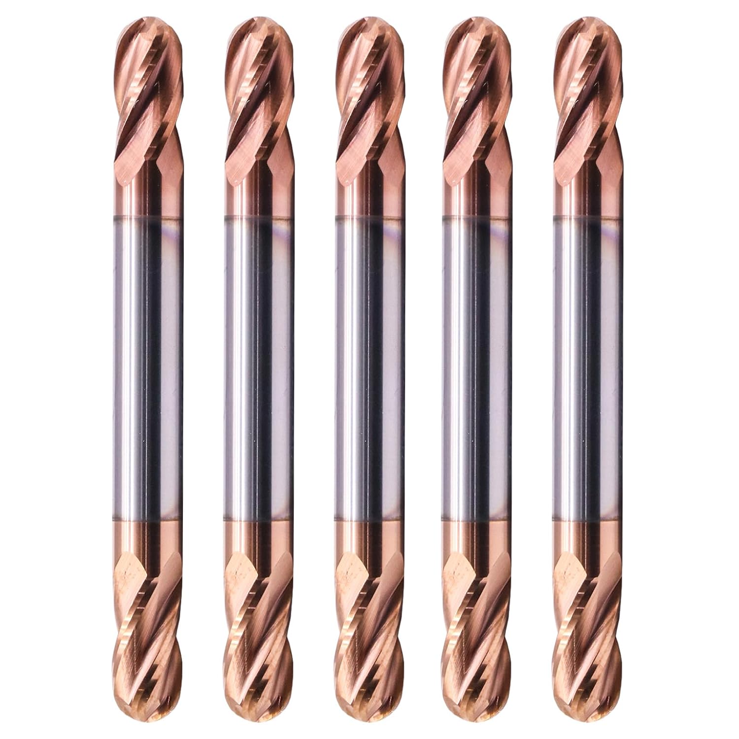 Ball Nose Solid Carbide End Mill(1Pc, 1/2in) - Double End - TiSiN Coated, 4 Flute, 30° Helix, 1/2" Cutting, 1/2" Shank, 5/8" LOC, 3" OAL for Milling Alloy Steel, Hardened Steel, Iron, Copper
