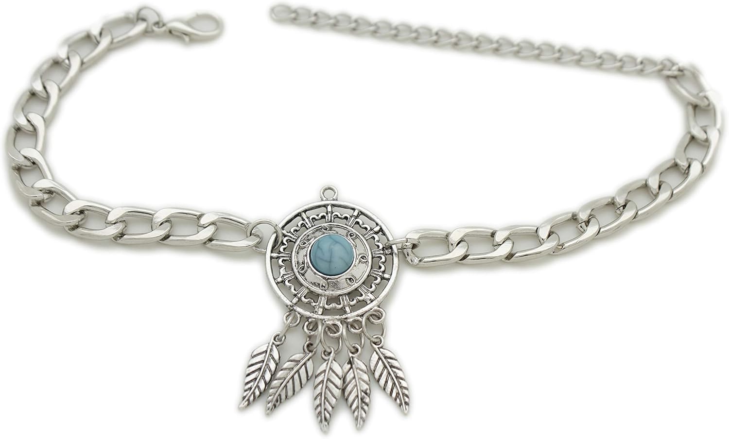TrendyFashionJewelry TFJ Women Band Boot Silver Metal Chain Bracelet Turquoise Blue Bead Shoe Feathers Charms