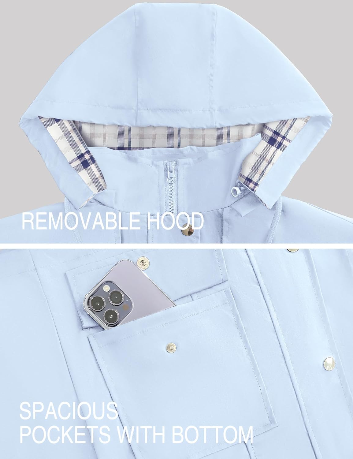Bloggerlove Rain Jacket Women Lightweight Raincoats Outdoor Waterproof Windbreaker Hooded Plaid Lined Trench Coat S-XXL - Image 4