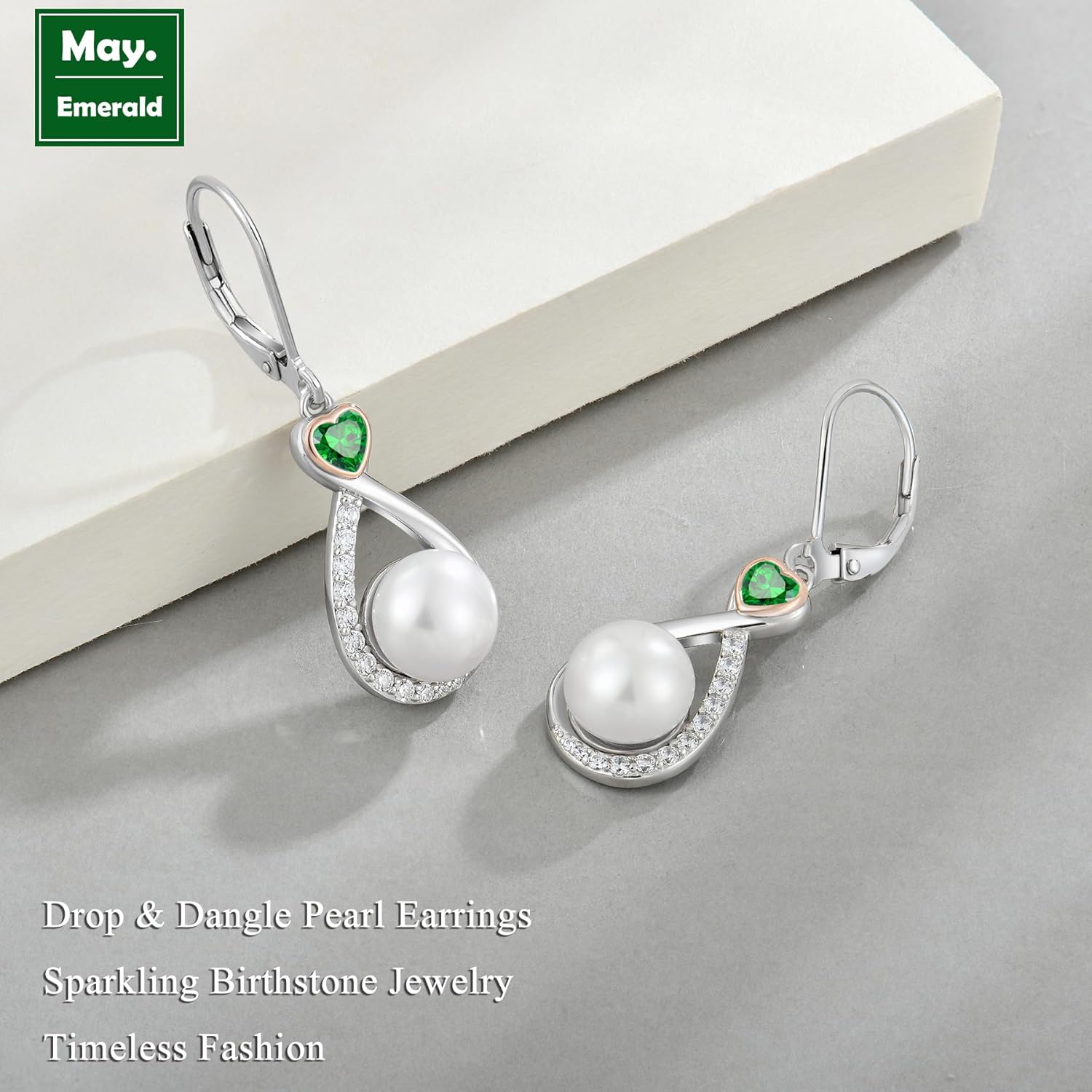 Heart Birthstone Pearl Earrings, 925 Sterling Silver Infinity Dangle Drop Leverback Earrings, 9mm Freshwater Cultured Pearl & 4mm Gemstone Jewelry Valentine's Day Gift for Women - Image 3