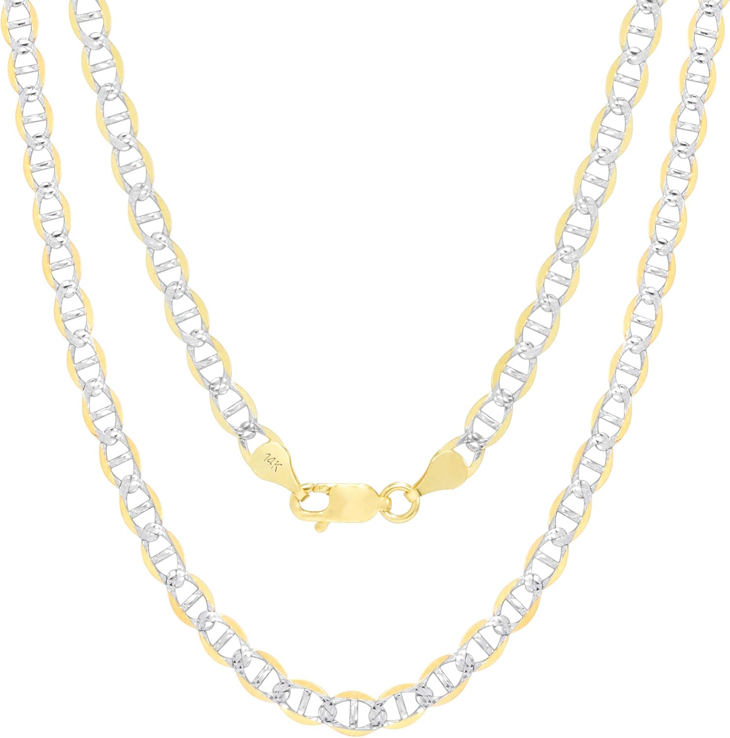 Nuragold 14k Real Yellow Gold Solid Mariner 4mm Anchor Chain Pave Diamond Cut Necklace (16"-26") Two Tone Italian Jewelry for Men & Women