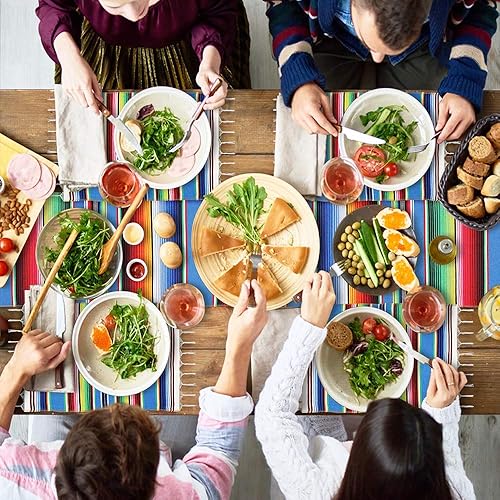 Vista 13 de Camino de mesa mexicano con manteles individuales (8 unidades), manteles individuales surtidos de serape mexicano, decoraciones de boda, manta