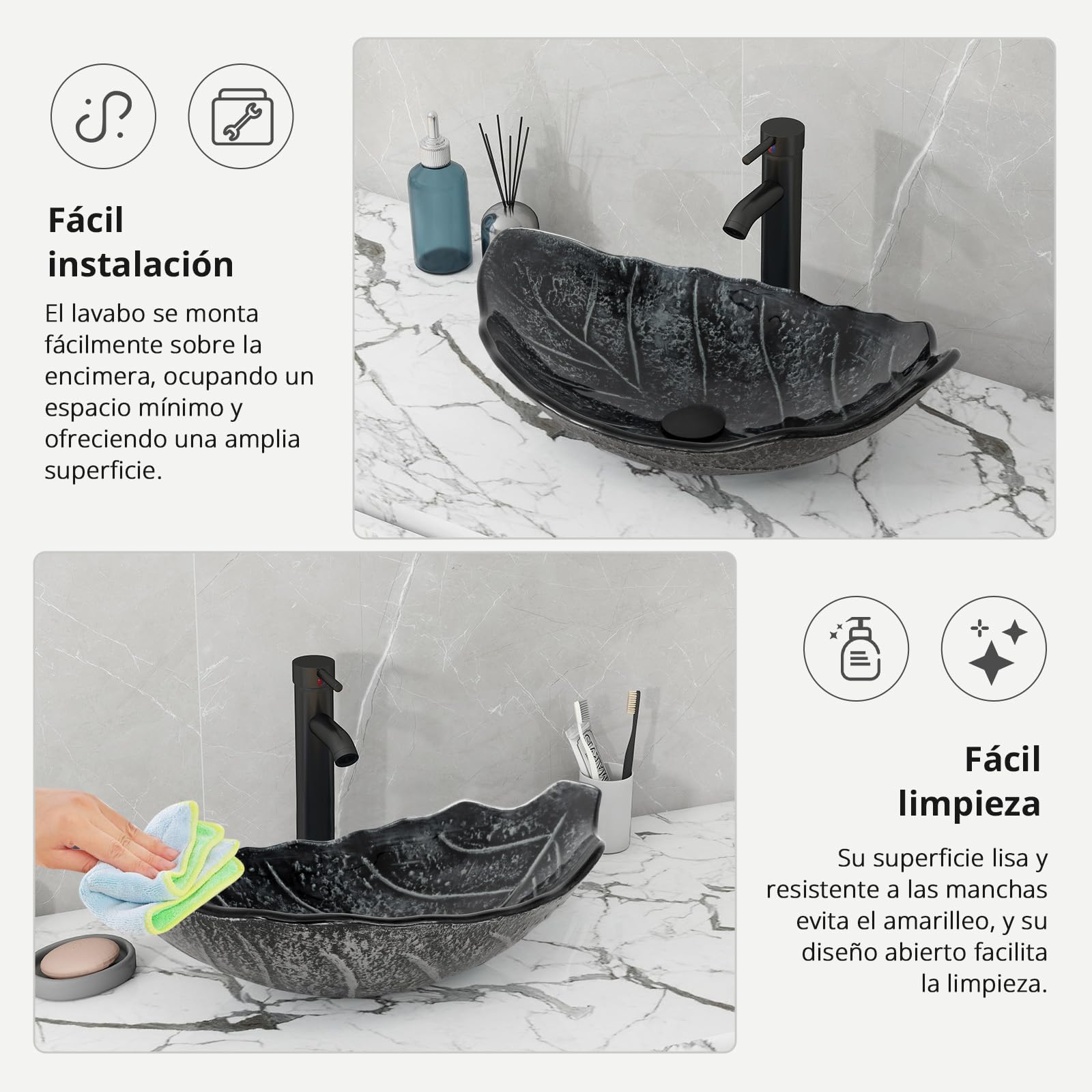 YU YUSING Lavabo Sobre Encimera con Grifo, Lavabo Baño de Cristal 56x34x17 cm, Lavabos de Lujo para Baño, Cocina, Aseo de Invitados, Tocador, Moderno Gris Plata, Forma de Hoja