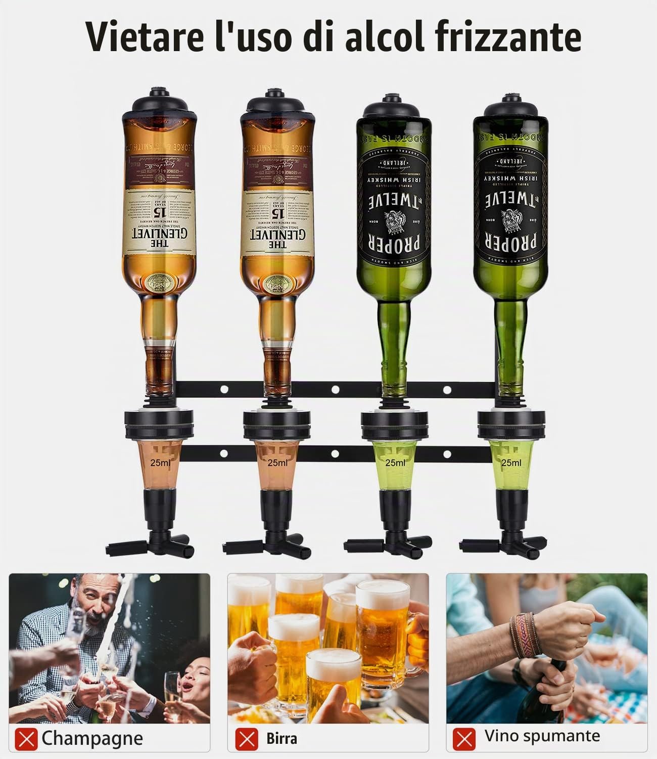 Bar Butler Dispenser Alcolici Bevande Erogatore 4 Bottiglie Dosatore Liquori Wine Rack Bar Bottiglia Ottica per Spiriti di Liquori Vino Birra, Ideale per Feste, celebrazioni, Decorazione(Nero)
