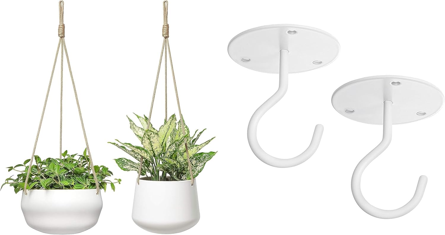 Mkono Ceramic Hanging Planter and Ceiling Hooks, Shallow 8 Inch and Deep 6 Inch for Indoor Outdoor Plants, Set of 2 Modern Plant Pot Geometric Porcelain Hanging Basket with Polyester Rope Hanger