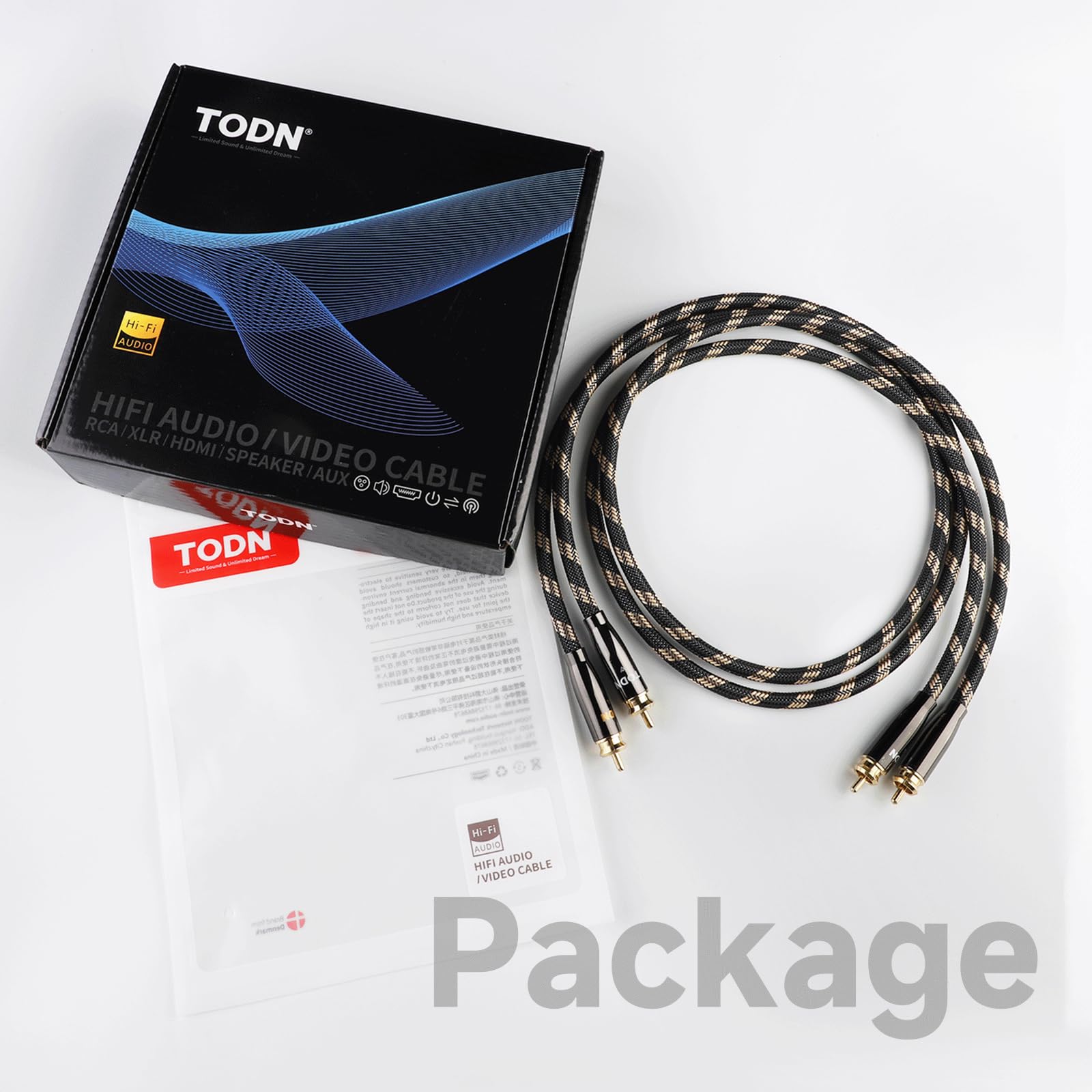 TODN 1m Cinch Kabel, Stereo-Paar (L,R) RCA Audio Cable für HiFi Anlagenr | 99,9999% OCC, Doppelt Abgeschirmt, 24-Karat-vergoldet, Cinch auf Cinch, für Plattenspieler/CD/DVD/Verstärker/Heim-Audio