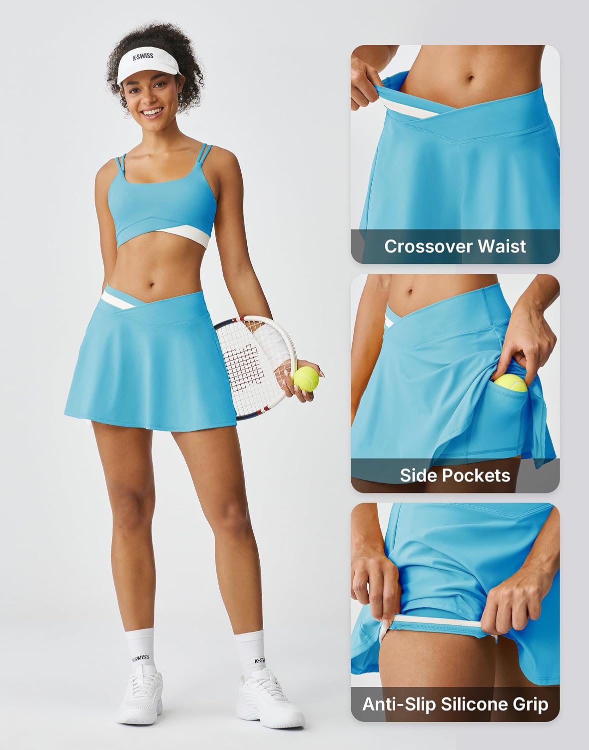 K-Swiss Tennis Skirts for Women - Athletic Skorts with Pockets Shorts Cross Waist for Golf Pickleball Running Workout