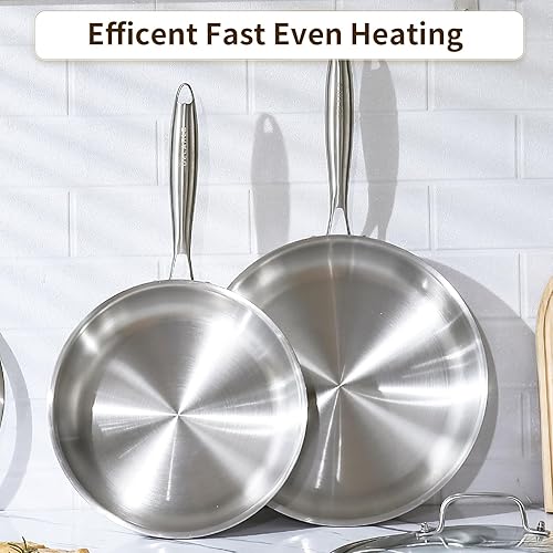 Miniatura 4 de DELARLO Sartén de acero inoxidable de tres capas de cuerpo entero de 12 pulgadas con tapa sartén de inducción apta para horno juego de ollas y