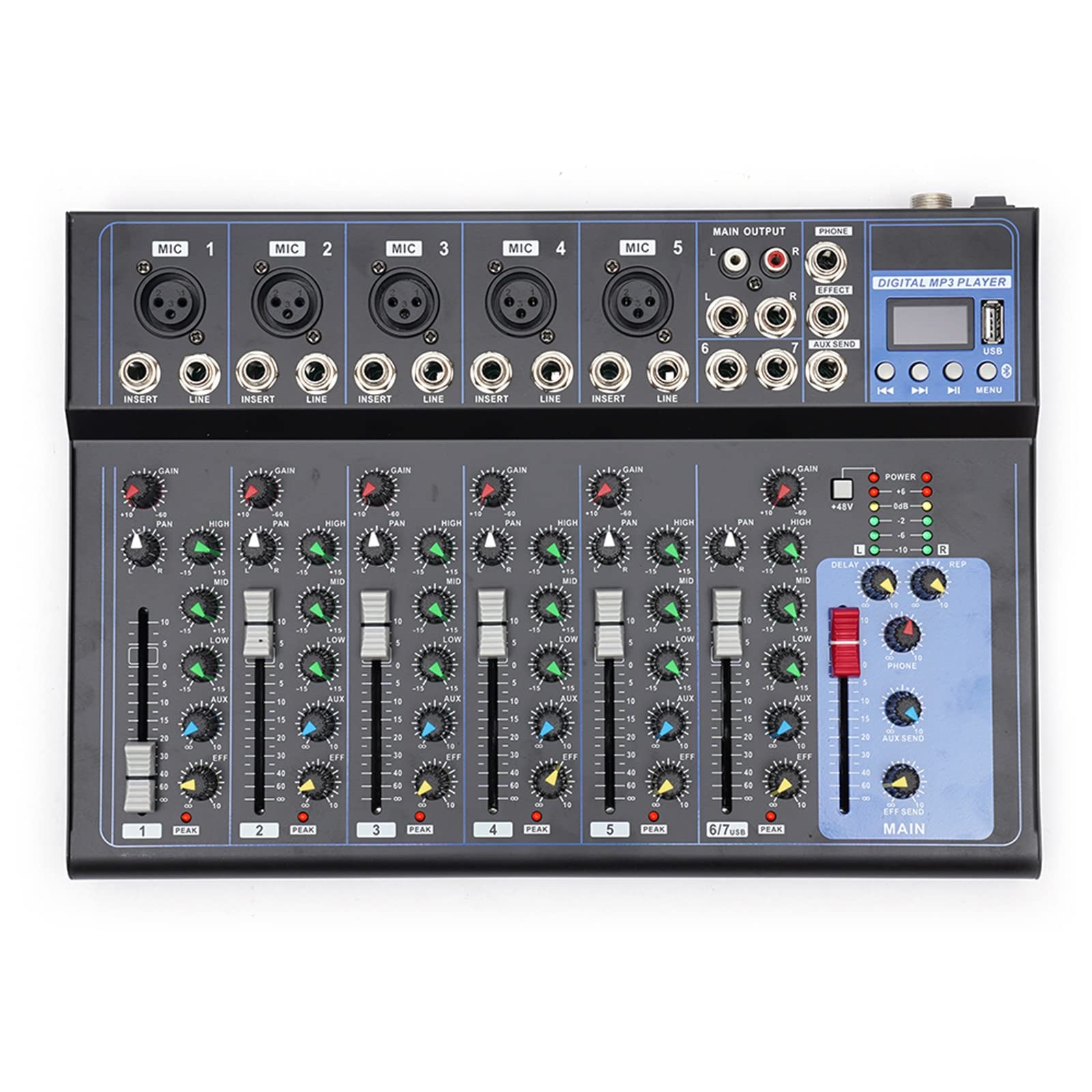 Mixeur audio 7 canaux, Bluetooth, 2 entrées micro, USB, pour microphones/guitares/basses, modèle SD-5445A