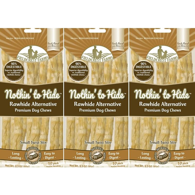 Petisco para cães em palitos Twist Stix alternativa ao couro cru sabor pasta de amendoim Fieldcrest Farms, 30 palitos em 3 pacotes