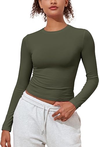 kayamiya Womens Basic Long Sleeve Cotton Shirts Tight Fit Fall Crewneck Trendy Y2K Crop Tops