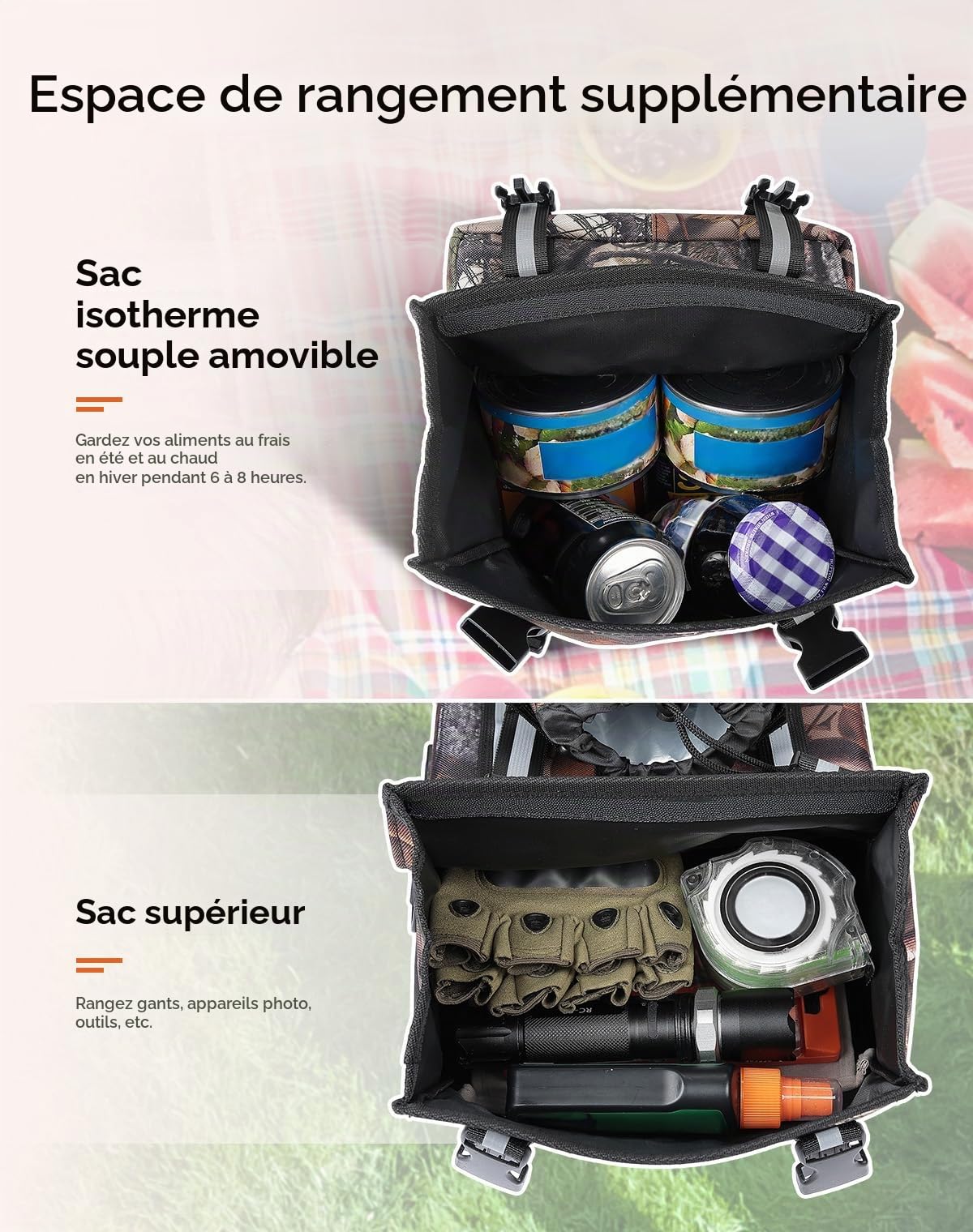 KEMIMOTO Sacs de Garde-Boue pour VTT, Sacs de Rangement arrière résistants à l'eau, 130% Plus Grands avec Porte-Boisson, Amovibles, pour VTT
