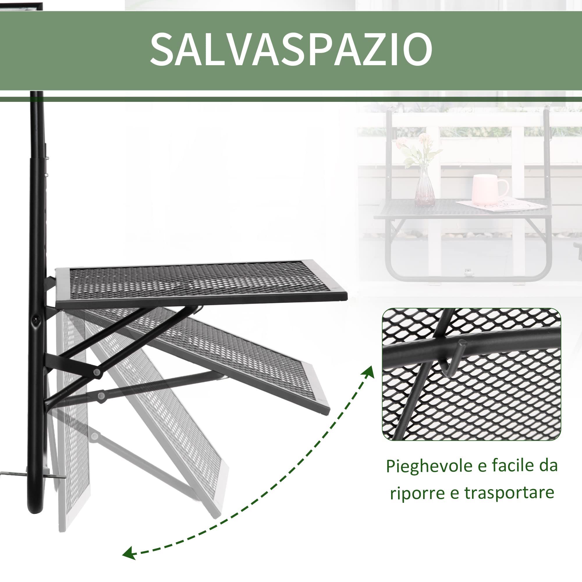 Outsunny Tavolo da Ringhiera Pieghevole in Metallo, 60x60x57-72cm, Nero