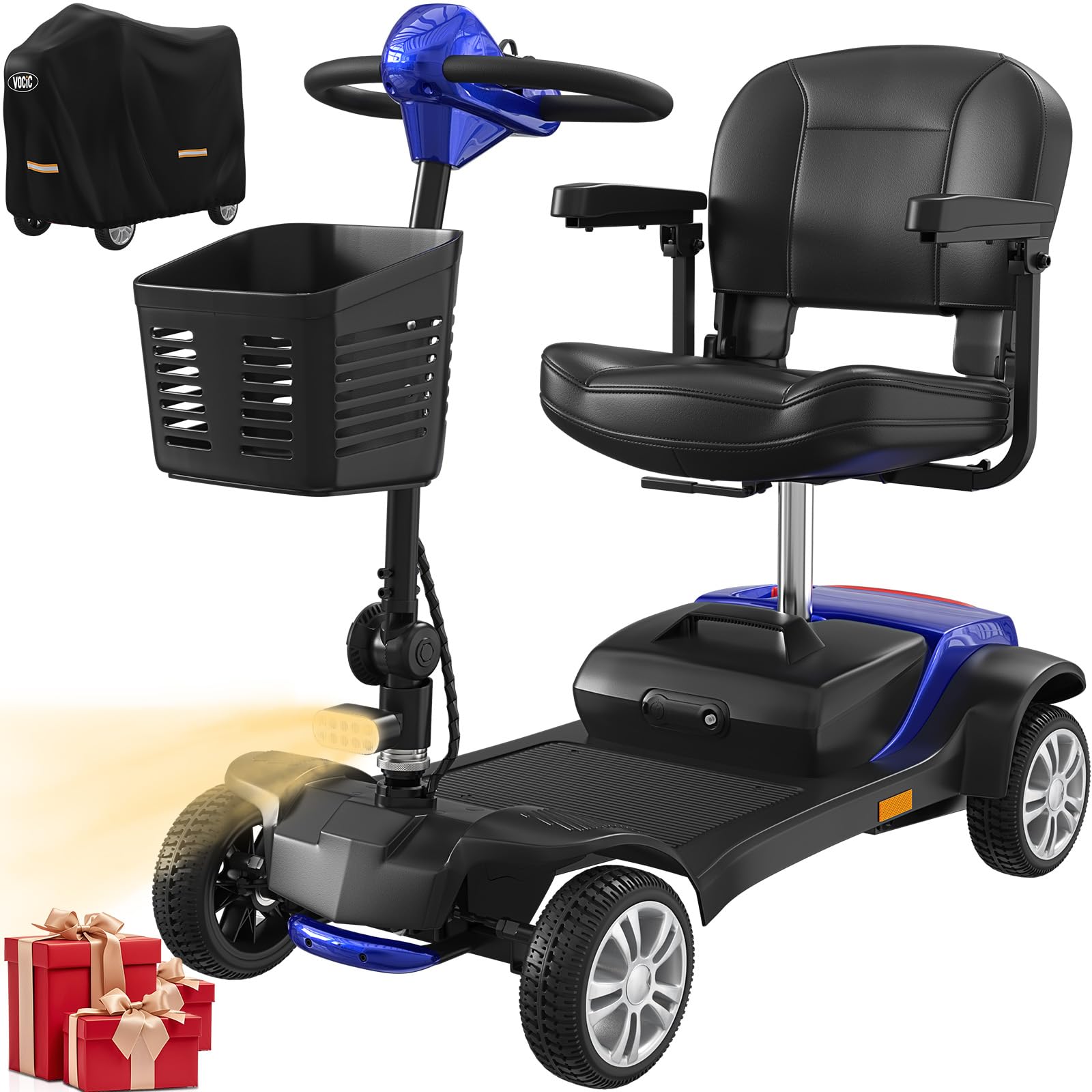 VOCIC D51 Scooter de movilidad de 4 ruedas Estable 136KG,Movilidad scooter plegable para personas mayores de alcance de 15KM con Neumáticos Antipinchazos para todo terreno,Garantía 5 Años| Azul