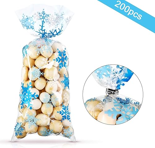 Miniatura 3 de Bolsas de celofán de Navidad, copos de nieve de invierno, bolsas de plástico azul con lazos giratorios para invierno, Navidad, País de las