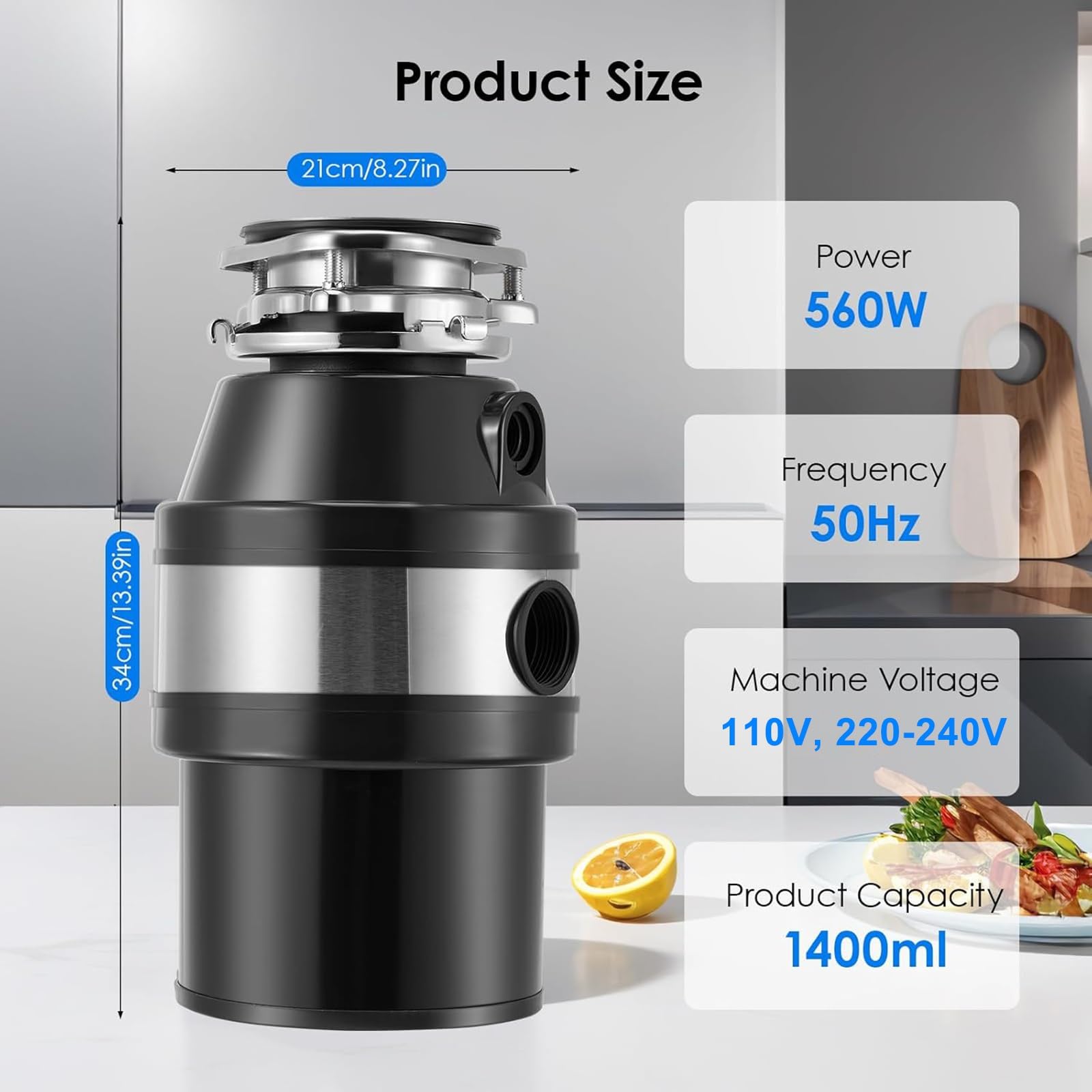 Triturador de residuos de alimentos, máquina trituradora de basura bajo el fregadero de 1,4 L con 4000 rpm, interruptor neumático, contenedores de eliminación de residuos automáticos