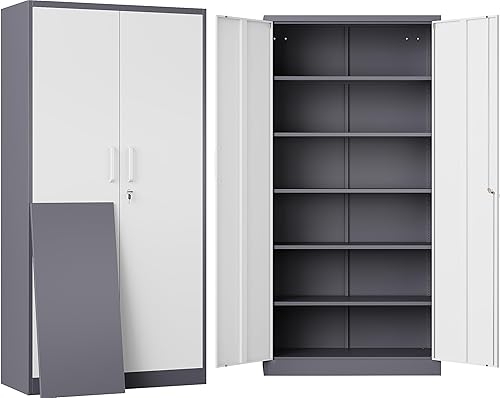 SISESOL Armario de Almacenamiento de 6 Niveles con Puertas y Estantes, Gabinete de Almacenamiento de Metal de 71" de Alto con Puerta con Cerradura y