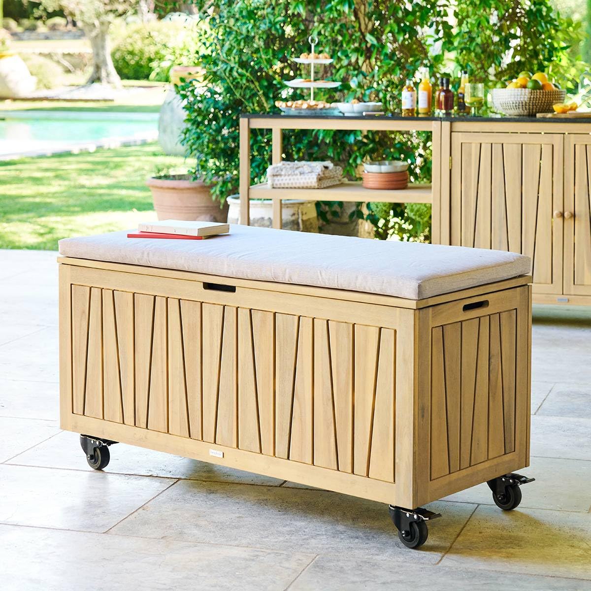 HESPERIDE - Coffre de rangement 210l avec assise lodgia beige acacia