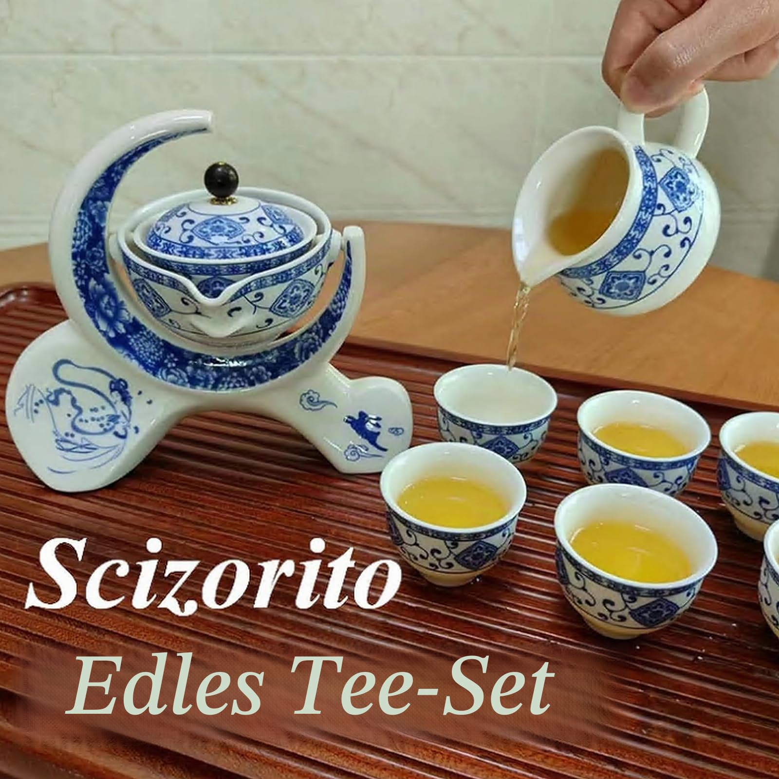 Hochwertige Chinesische Tee-Set-Geschenkbox, Rotierendes Kung Fu Tee-Set, Reines Handfeuern, Mit Rotierender Teekanne und Infuser, Geeignet für Büro, Zuhause, Geschenk (Halbmond weiß)