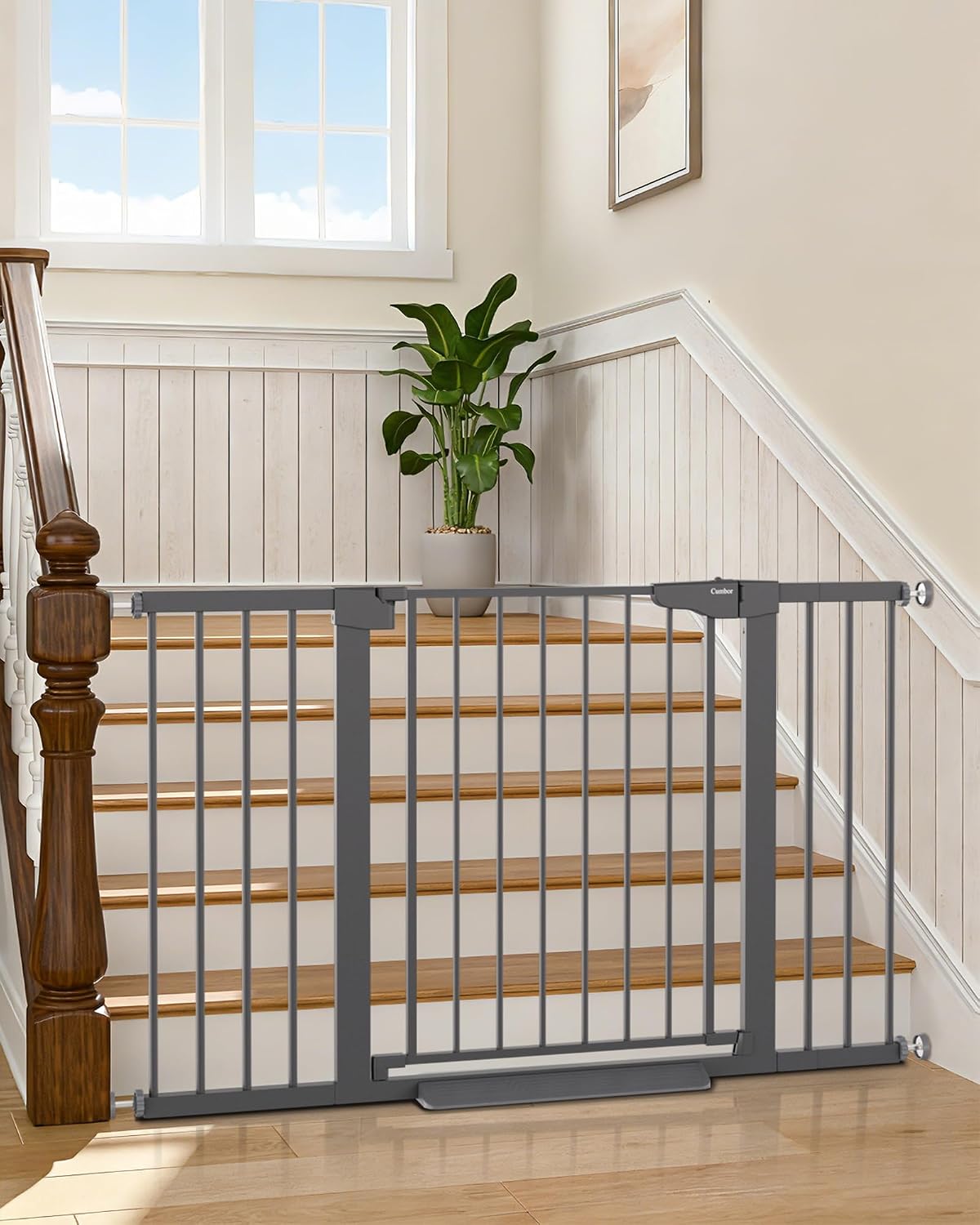 Cumbor 30-51.5 in Extra Wide Baby Gate for Stairs, Dog Gate, Cool Gray | Mom's Choice Awards Winner, Auto Close with Double Lock for Doorways, Child Gate for Toddlers & Pets, Pressure Mounted