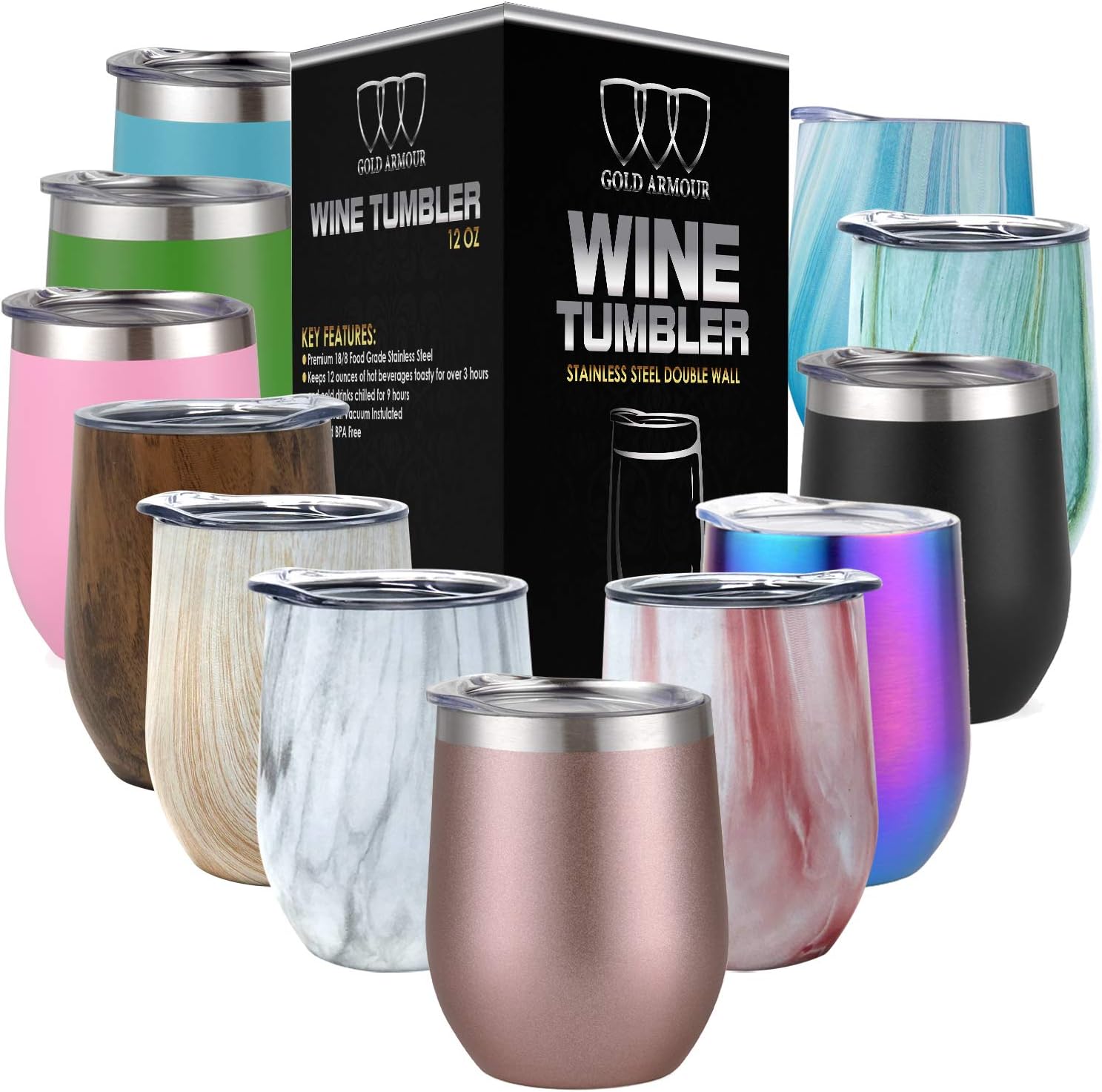Stainless Steel Wine Glass Tumbler with Lid, 12 oz Double Wall Vacuum Insulated Travel Tumbler Cup, Coffee Water Bottle Cup (Rose Gold)