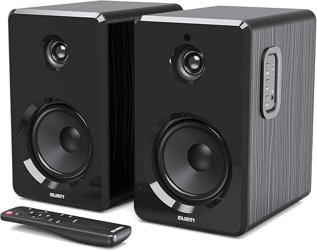 MAJORITY D40 Active Bookshelf Speakers | Powered Stereo Studio Speakers | Powerful Amplified 2.0 Channel Sound | Bluetooth, Optical, RCA, USB & Aux Playback I Digital Controls I HiFi Speakers