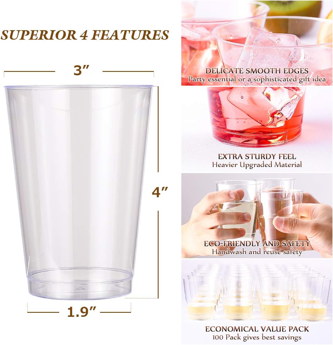 JOLLY CHEF 12 oz Clear Plastic Cups, 100 Pack Heavy-duty Party Glasses, Disposable Plastic Cups for Wedding, Halloween,Thanksgiving Day, Christmas Party Cocktails Tumblers