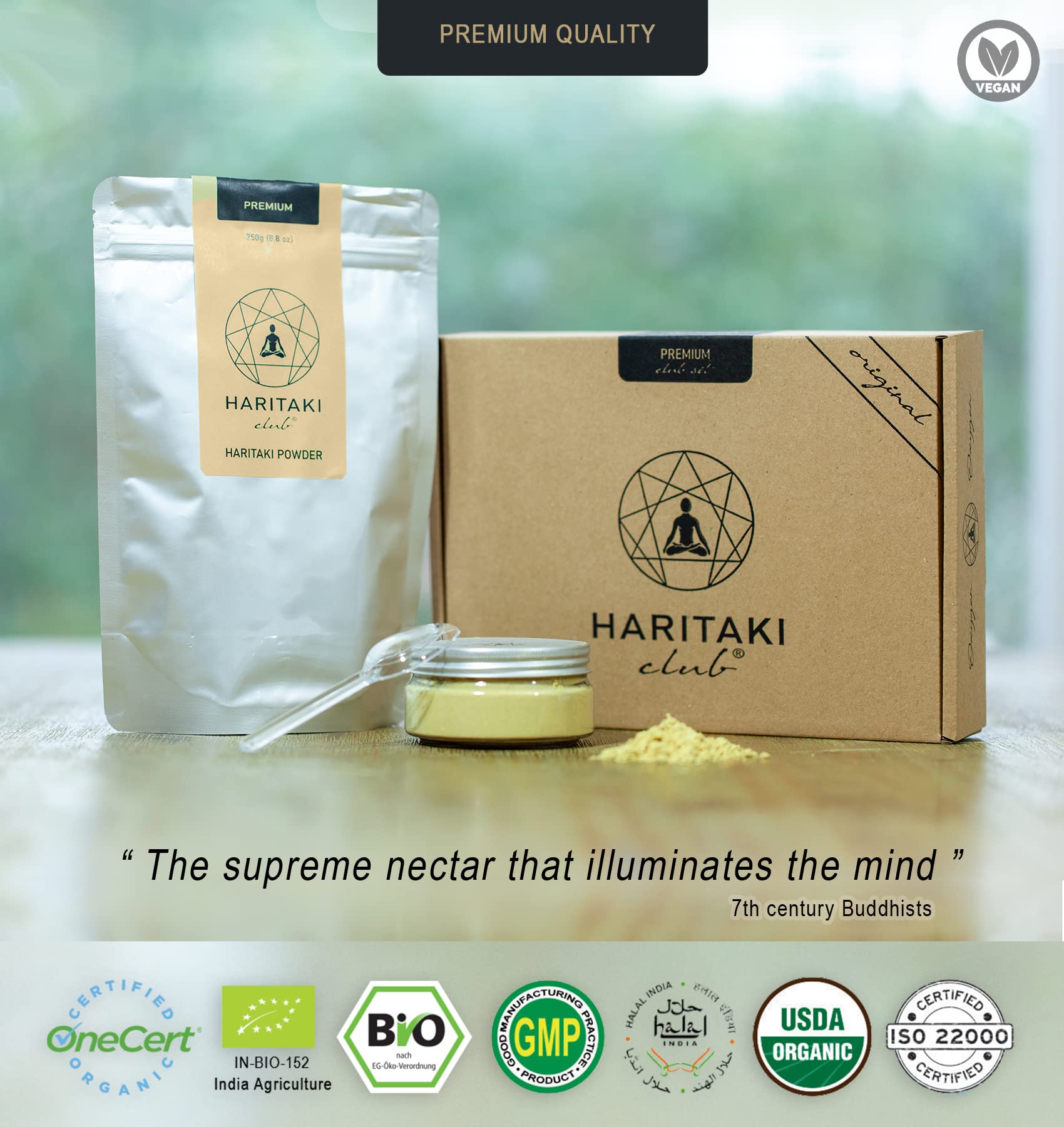 BIO Haritaki Pulver - Premium Qualität - Veganes Haritaki Ayurveda Pulver - EU Bio zertifiziert, Laborgeprüft, Halal und Kosher - 100% natürlich - Travel-Dose und Messlöffel inkludiert