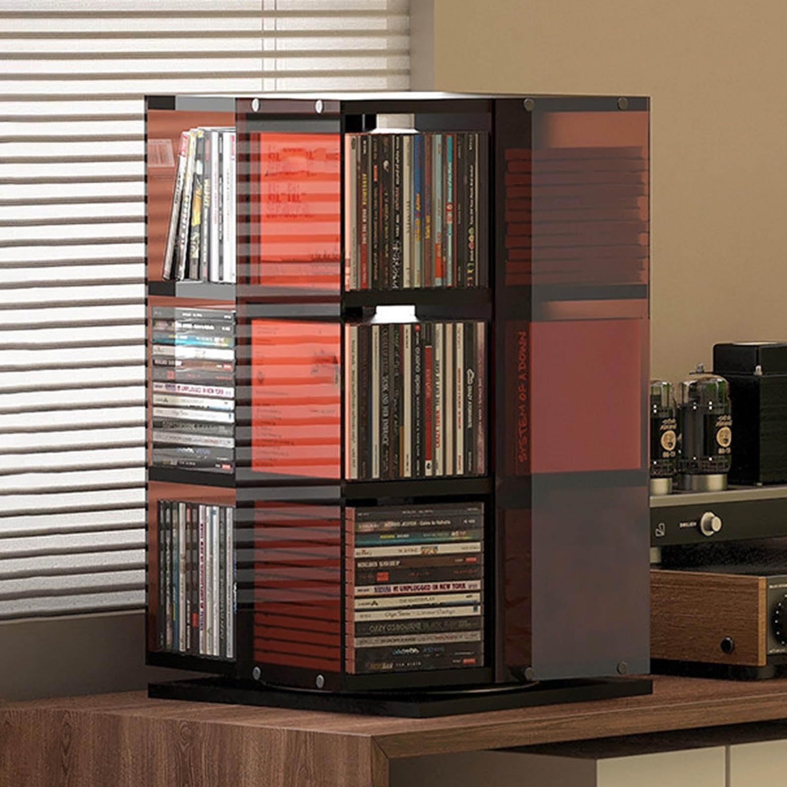 Porta CD Tower – Supporto girevole per DVD, design a 360°, contenitore aperto su 4 lati, contiene 120 CD, ideale per soggiorno e casa, finitura con venature del legno
