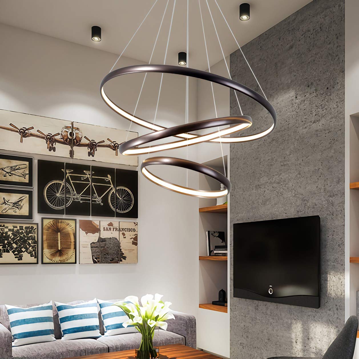 Lampa wisząca LED z pilotem, nowoczesna lampa wisząca z 3 pierścieniami, lampa sufitowa z możliwością przyciemniania z regulacją wysokości do sypialni, salonu, jadalni, biura, 30 + 50 + 70 cm