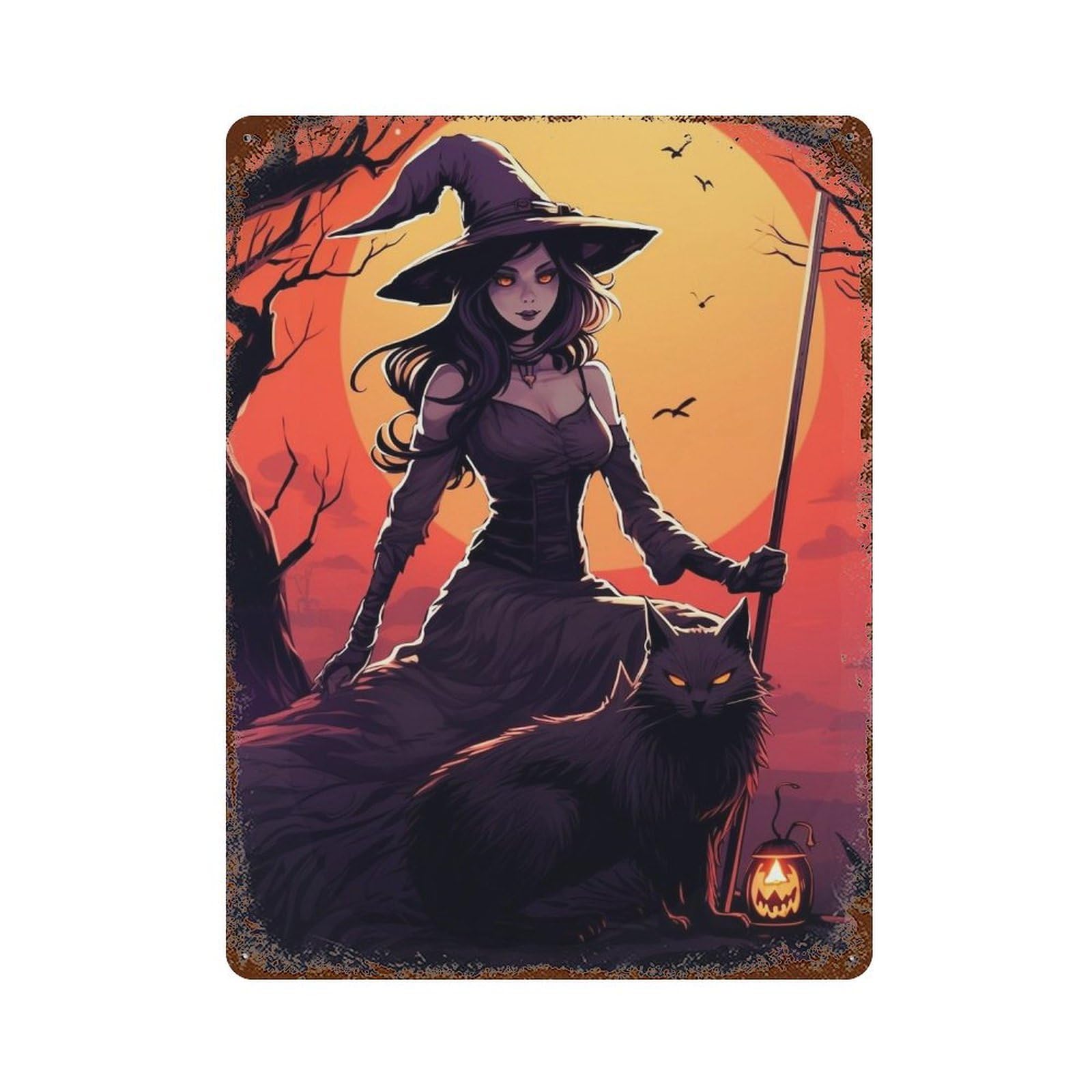 Halloween Witch with Black Cat -1 Rustic Tin Plaque 15.7"x11.8", Industrial Home Decor for Pub, Kitchen And Man Cave Decor