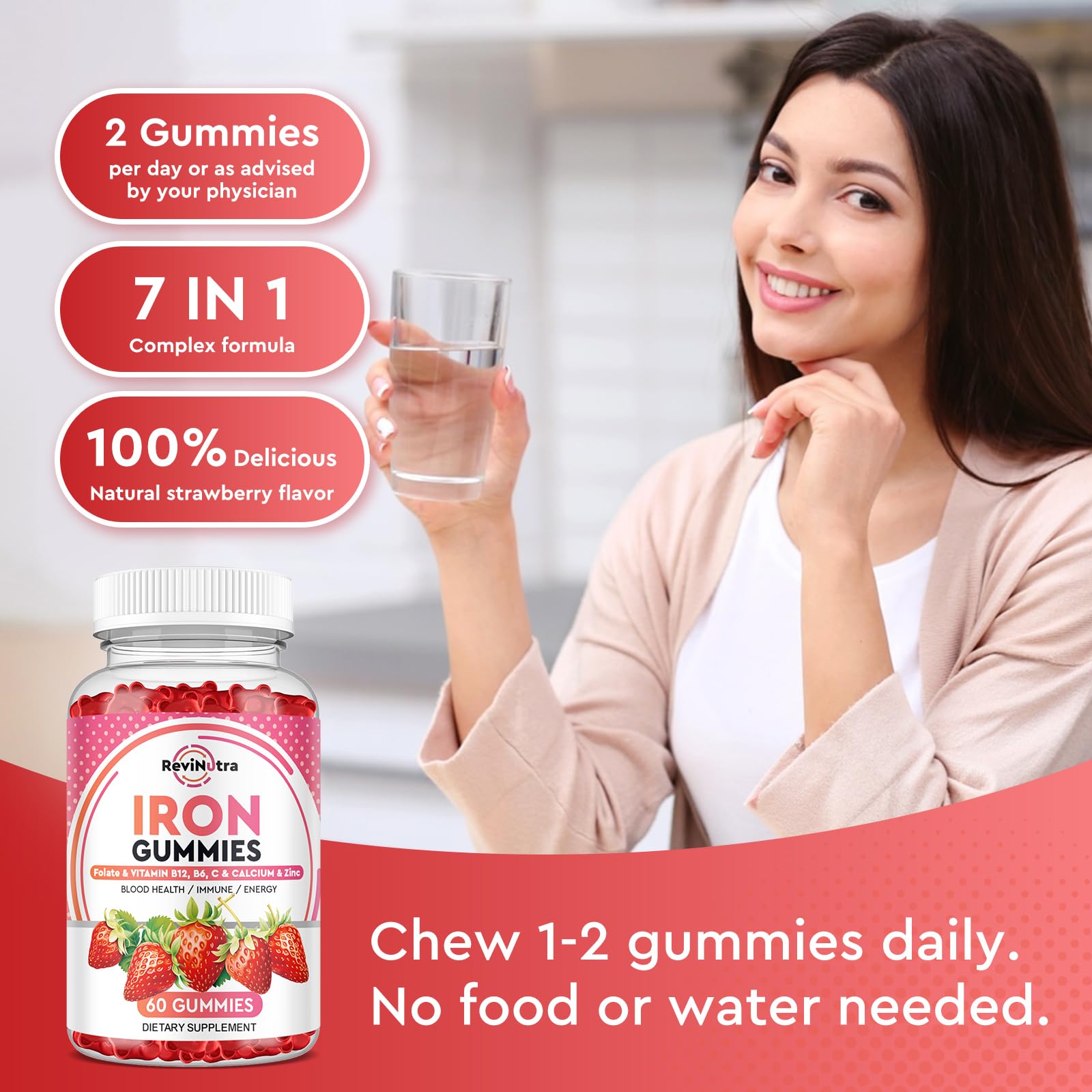 Iron Gummies - with Calcium, Zinc, Folate & Vitamin B12, C,B6 for Adults & Kids - Blood Builder & Energy Support for Iron Deficiency, Anemia, Vegan - 60 Gummies — Amazon image 6
