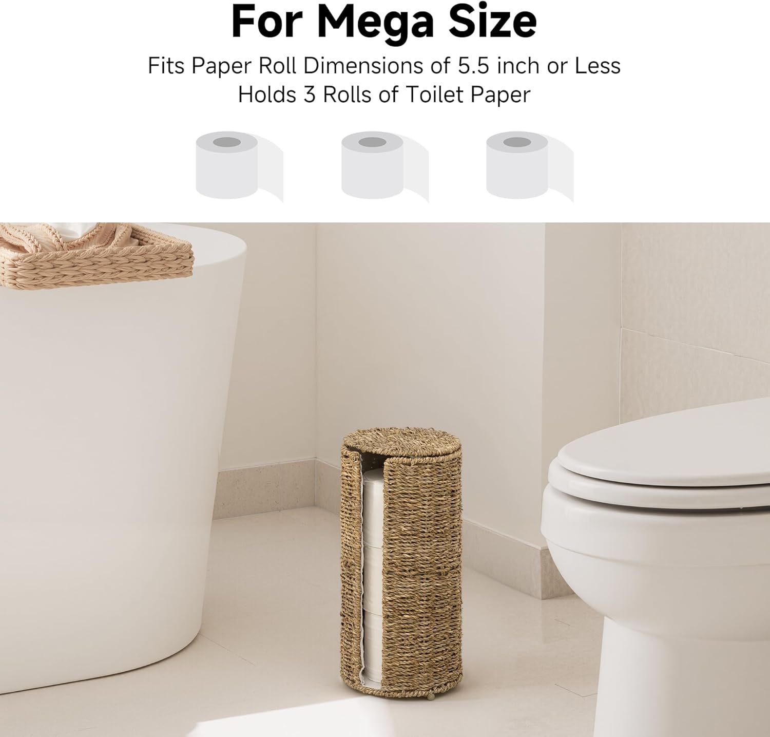 StorageWorks Seagrass Free Standing Toilet Paper Holder Stand for Bathroom, 3 Rolls of Toilet Tissue Storage with a Built-in Cloth Lining, Toilet Roll Holder Stand with Lid
